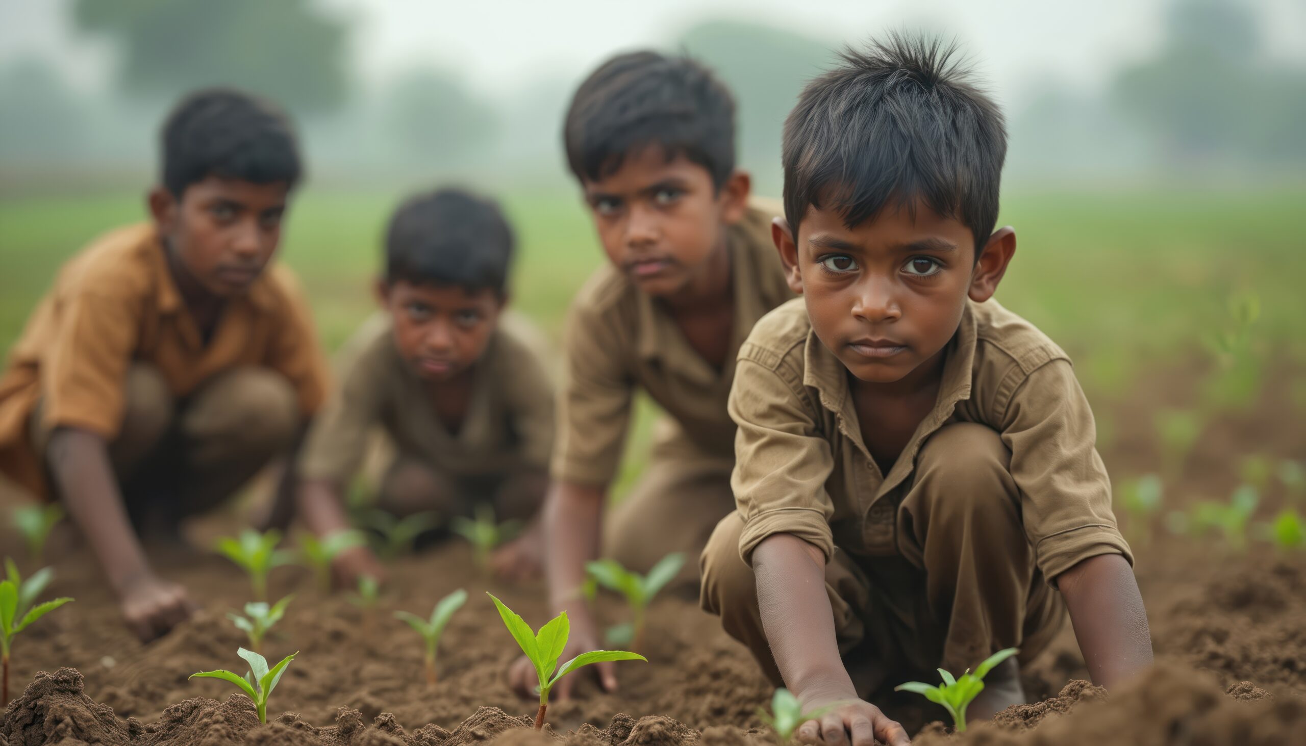 Indian boy works with other children in field. Children with serious gazes highlight severity child labor, rural areas. Agriculture, poverty, survival, childhood, family, harvest