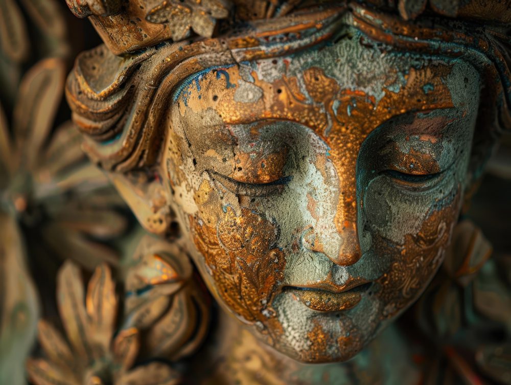 A close-up of a weathered, ancient statue of a serene face, poss